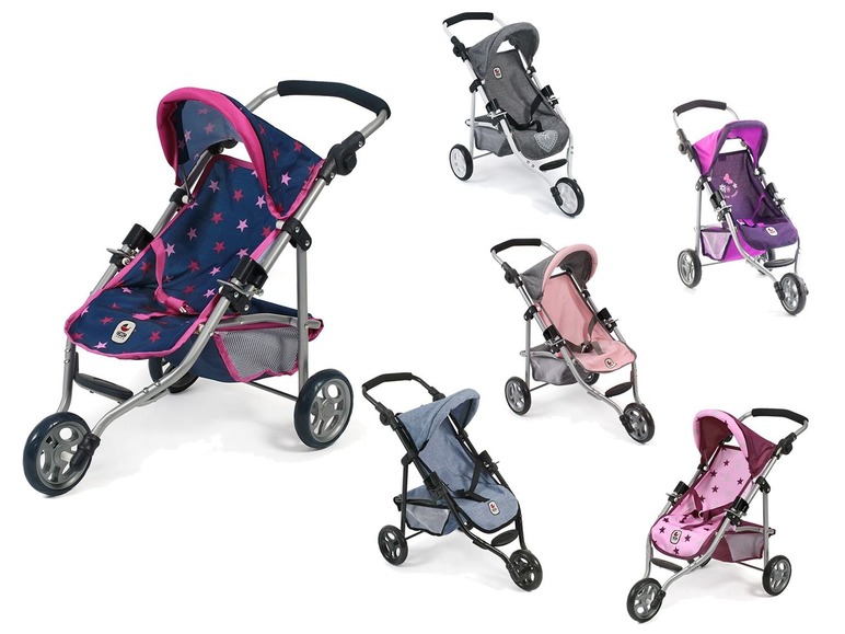Verschillende kleuren babypoppenwagens, waaronder een met een sterrenpatroon.