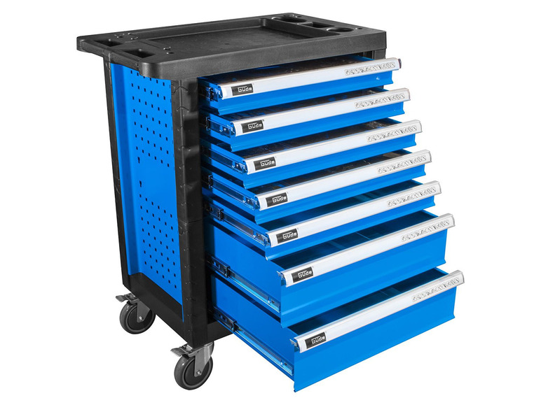 Een blauwe gereedschapswagen met meerdere laden van het merk Güde.