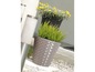 Twee plantenbakken met bloemen en struiken.