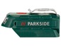 Een groene Parkside LED-werklamp met een clip.