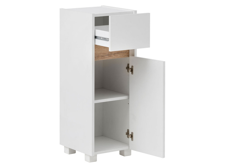 Witte kast met een lade en een deur, openstaande vakken en houten accenten.