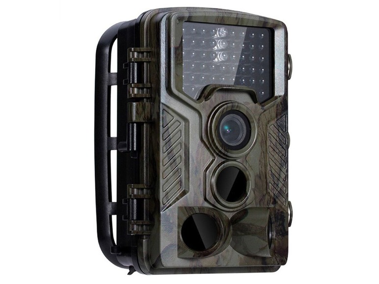 Een camouflage wildcamera met twee lenzen en een flits.