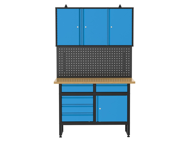 Een werkbank met kastjes, een gereedschapsbord en lades.