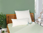 Twee witte kussens op een houten bed met een groene ondergrond.