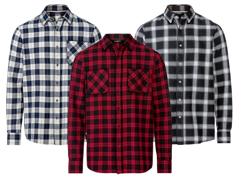 Drie geruite overhemden met lange mouwen, waaronder een rode, een blauwe en een zwarte.