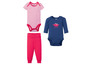 Babykledingset met gestreepte romper, romper met dinosaurus en roze broek.