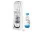 Een witte Sodastream-machine met een fles en een dop.