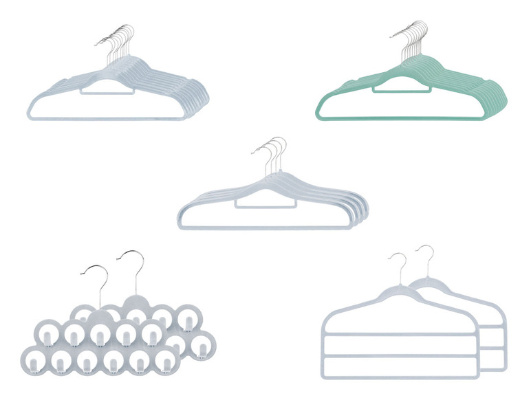 Een set met verschillende soorten fluwelen kleerhangers, waaronder hangers met extra ruimte en hangers met meerdere lagen.
