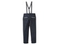 Donkerblauwe broek met bretels.