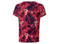 Een rood en blauw T-shirt met een abstract patroon.