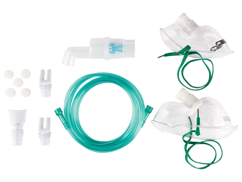 Twee neusbrillen, een mondstuk, een slang en accessoires voor een vernevelaar.