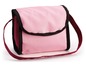 Een roze toilettas met een donkerrode schouderband.