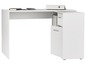 Witte hoekbureau met lade en opbergruimte.