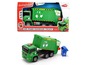 Een groene Dickie Toys vuilniswagen met airpomp en een blauwe vuilnisbak.