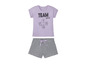 Pyjama met gestreepte shorts en een paars T-shirt met Disney prinsessenprint.