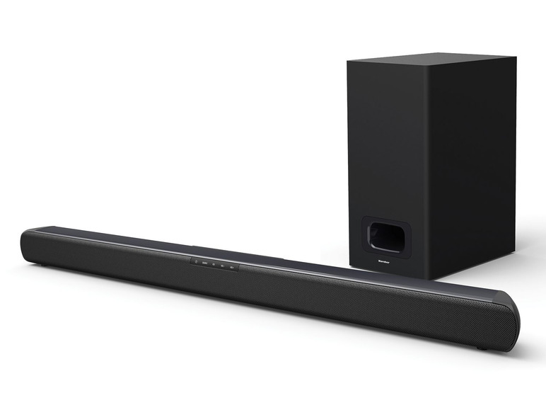 Een zwarte soundbar en subwoofer van het merk 