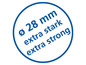 Een blauwe cirkel met de tekst 'Ø 28 mm extra sterk extra strong'.