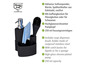 Zwarte zeepdispenser, borstel en sponshouder van roestvrij staal.
