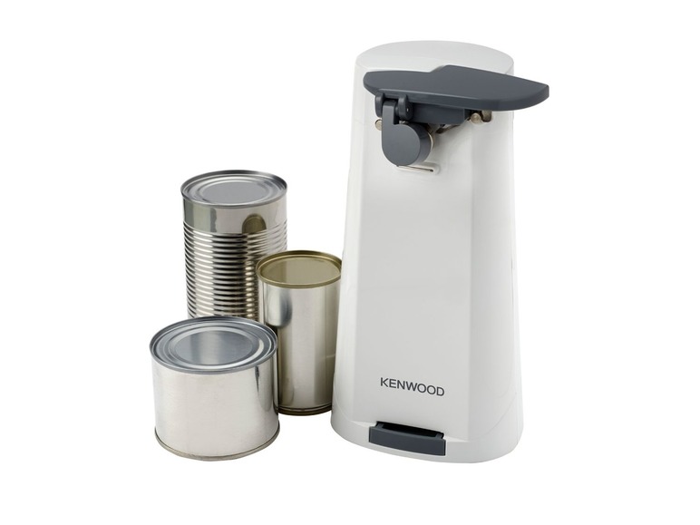 Een Kenwood elektrische blikopener met drie blikken.