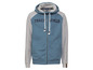 Een blauwe en grijze hoodie met een rits en de tekst 'Track & Field'.