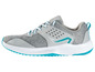 Grijze hardloopschoenen met turquoise accenten.