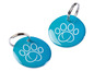 Twee blauwe hondenpenningen met een witte pootprint.