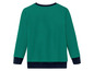 Een donkergroen sweatshirt met blauwe boorden.