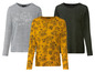 Drie longsleeve shirts met bloemenprint, een met glitter en een met gras