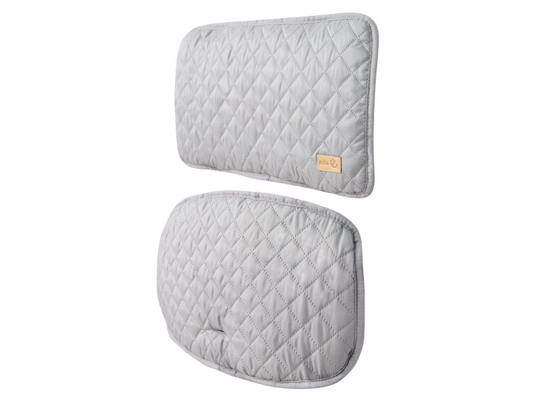 Twee grijze gevoerde stoelverhogers van Roba.