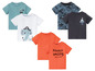 Baby T-shirts met printjes van olifant, zeemeeuw, camouflage en de tekst 'Always smiling'.