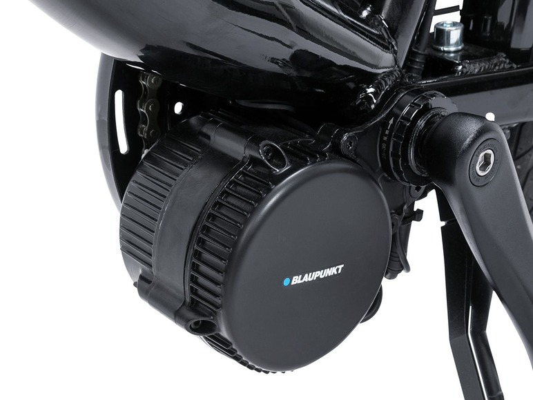 Close-up van een zwarte Blaupunkt elektrische fietsmotor.