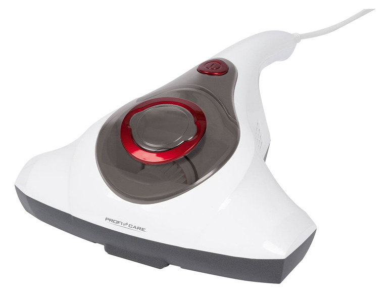 Een witte handstofzuiger van Profi Care met een rode knop.