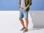 Man draagt een groene jas, blauwe denim shorts en grijze sneakers.