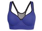 Een blauwe sportbeha met zwarte details.