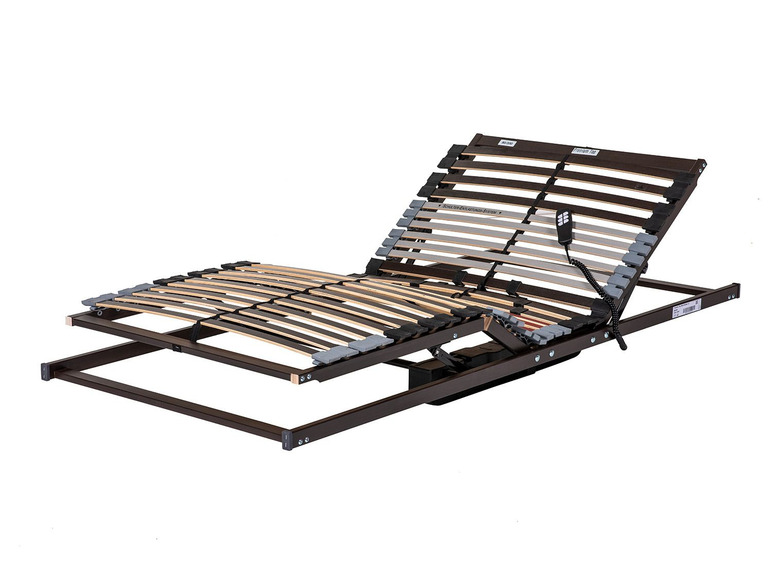 Een elektrisch verstelbaar bedframe met houten lattenbodem.