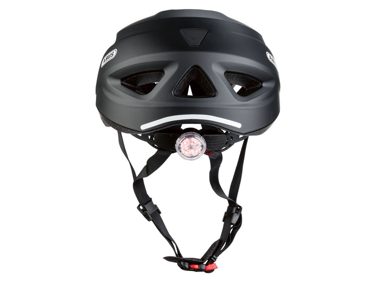 Een zwarte Abus fietshelm met een achterlicht.