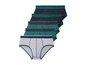 Een set van vijf herenonderbroeken in grijs, groen en blauw.