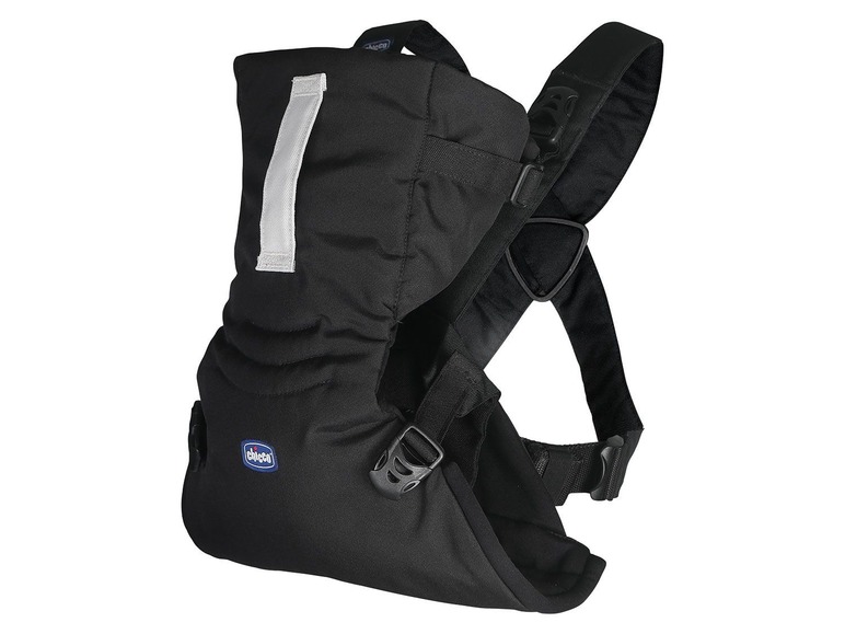 Een zwarte Chicco draagzak voor baby's.