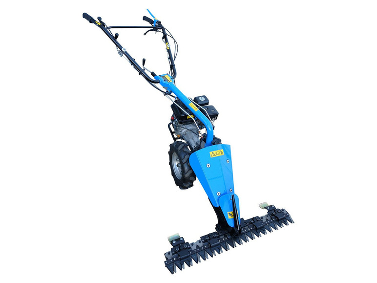 Blauwe motormaaier met een groot mes.