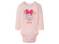 Een roze baby romper met lange mouwen met een Minnie Mouse ontwerp.