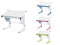 Drie witte bureaus met verschillende gekleurde poten en een blad dat kan kantelen