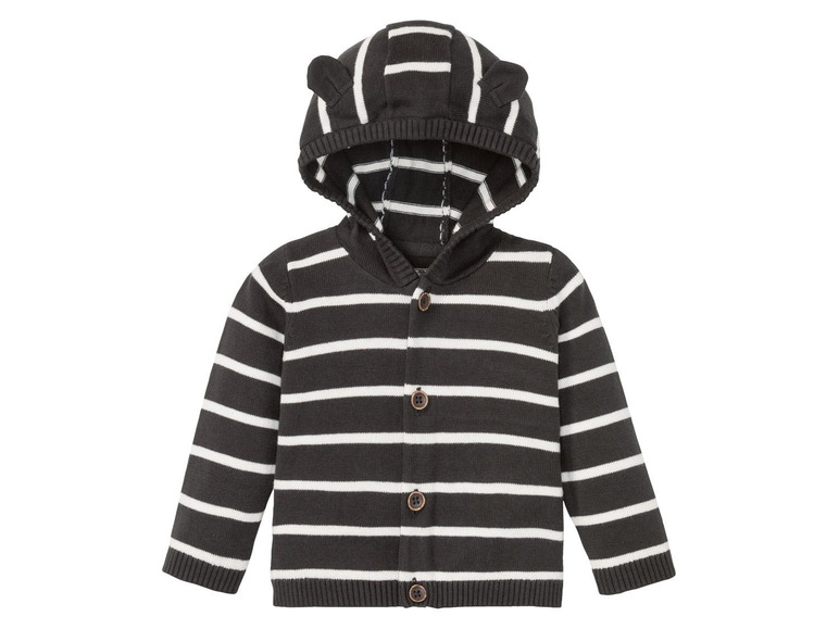 Een gestreept zwart-wit truitje met capuchon voor baby's