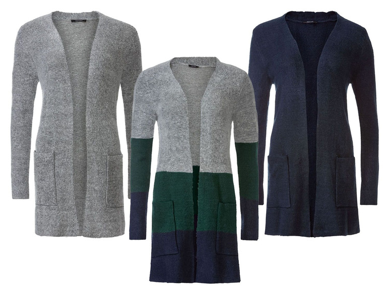 Drie lange wollen vesten met zakken: grijs, grijs met groene en blauwe strepen en donkerblauw.