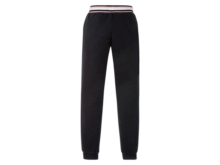 Zwarte joggingbroek met witte en roze streep.