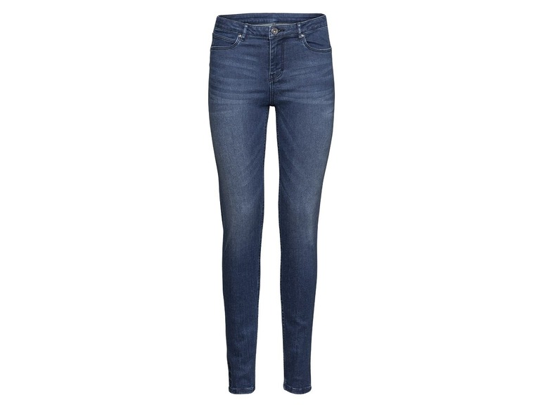 Een paar blauwe skinny jeans.