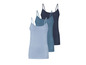 Drie blauwe tanktops.