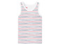 Witte tanktop met blauwe en rode strepen.