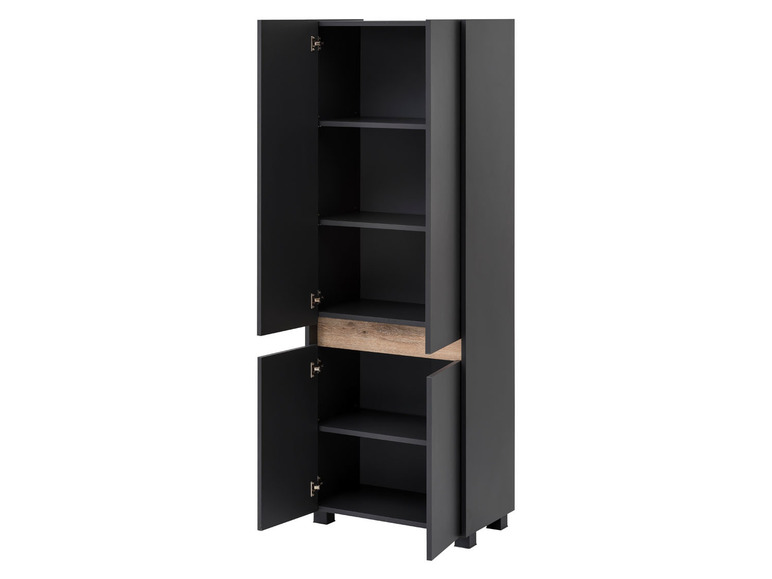 Een zwarte kast met open deuren en legplanken.