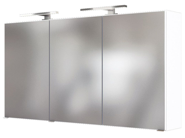 Badkamerkast met spiegeldeuren en verlichting.