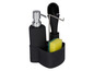 Zwarte dispenser, borstel en spons in een houder voor de keuken.
